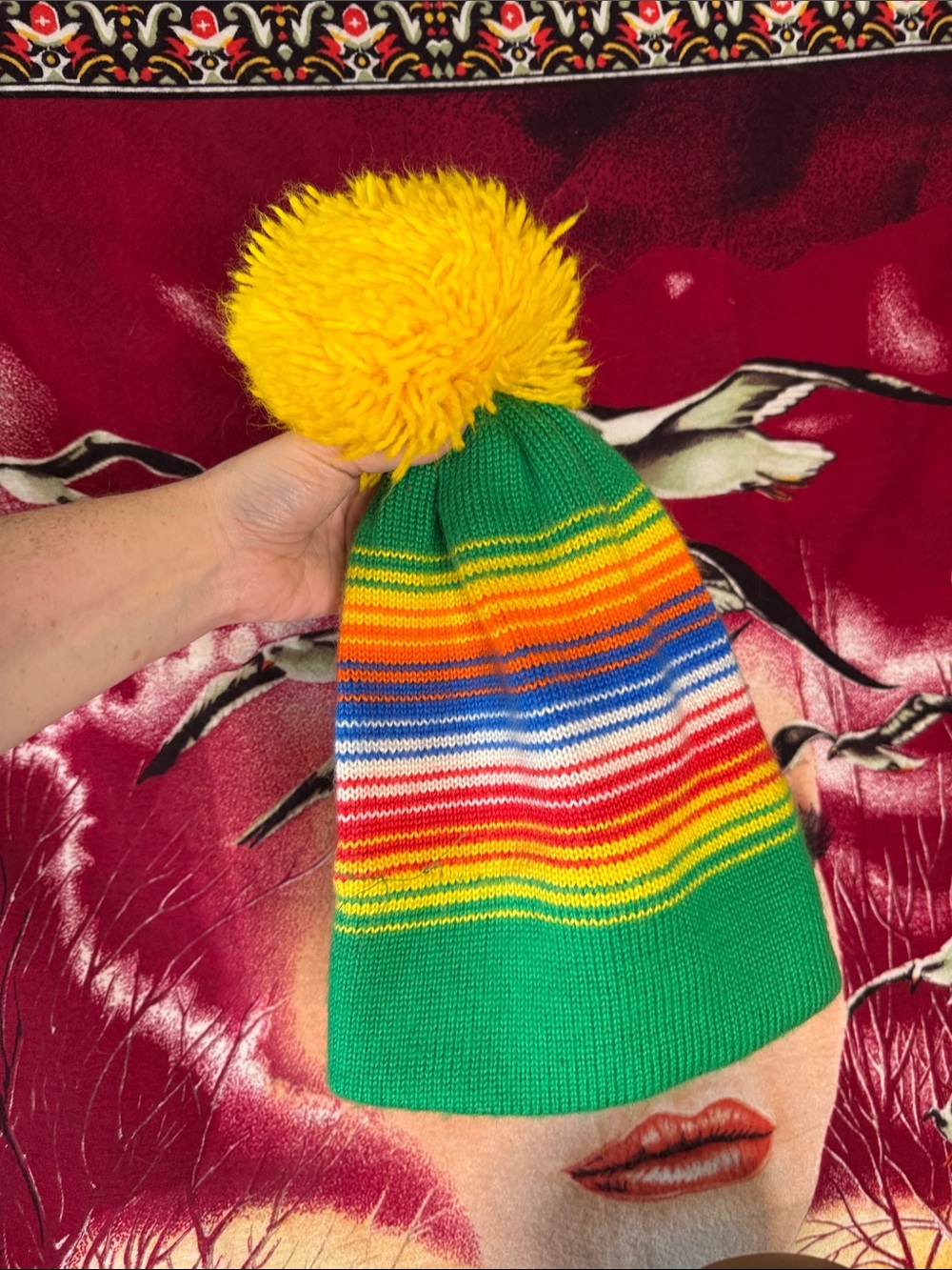 vintage green stripe knit beanie bat w/ big yellow pom